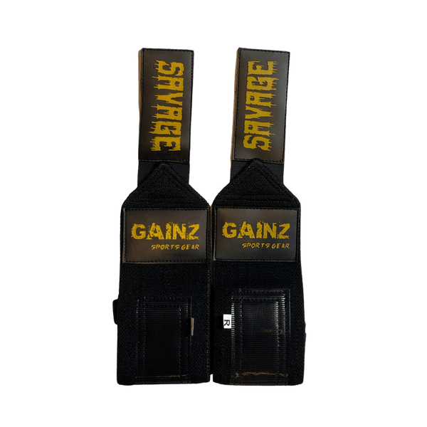 Black & Old Gold "Savage" Wrist Wraps 18" (USPA Approved) - Gainz Sportsgear LLC.