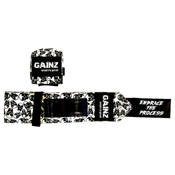 Black & White Skull Wrist Wraps 18" (USPA Approved) - Gainz Sportsgear LLC.