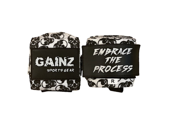 Black & White Skull Wrist Wraps 18" (USPA Approved) - Gainz Sportsgear LLC.