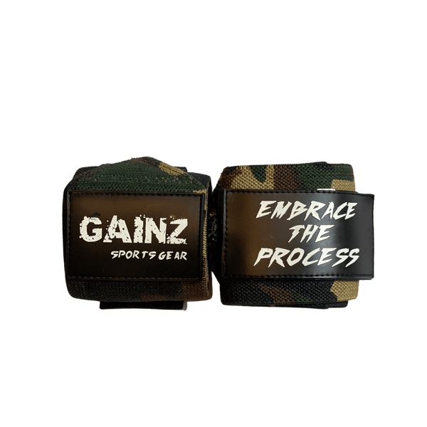 Camo Green "Embrace The Process" Wrist Wraps 18" (USPA Approved) - Gainz Sportsgear LLC.