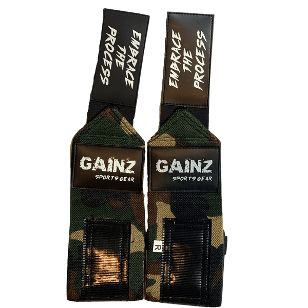 Camo Green "Embrace The Process" Wrist Wraps 18" (USPA Approved) - Gainz Sportsgear LLC.