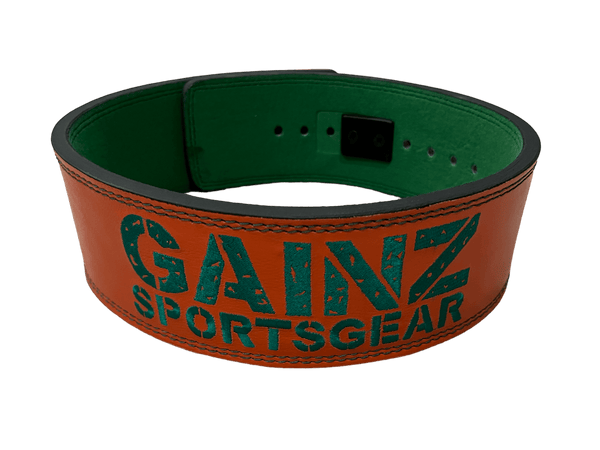 Gainz Sportsgear 10MM Lever Belt Orange/Green Combo - Gainz Sportsgear LLC.