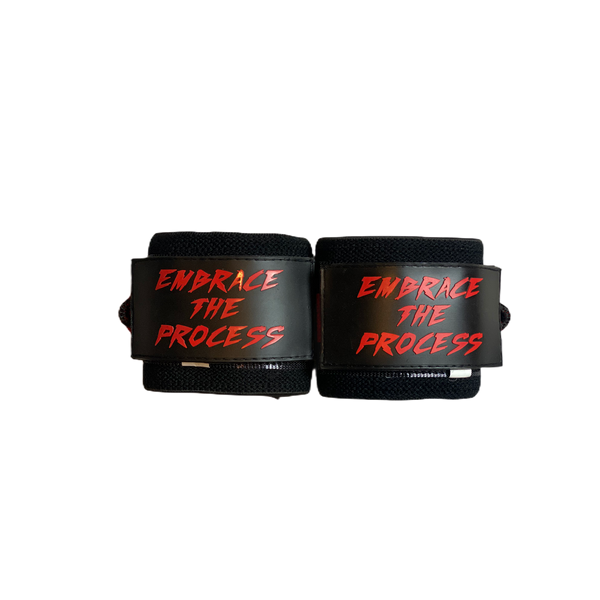 Red & Black "Embrace The Process" Wrist Wraps 18" (USPA Approved)