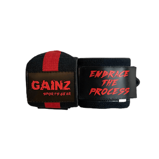Red & Black "Embrace The Process" Wrist Wraps 18" (USPA Approved) - Gainz Sportsgear LLC.