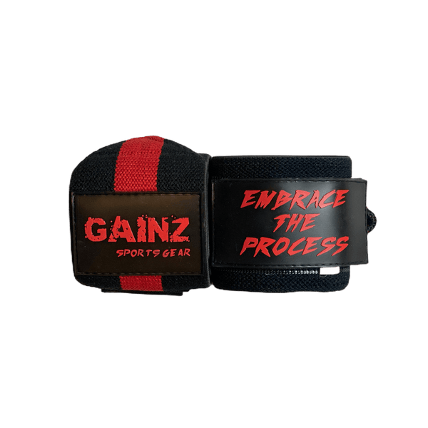 Red & Black "Embrace The Process" Wrist Wraps 18" (USPA Approved) - Gainz Sportsgear LLC.