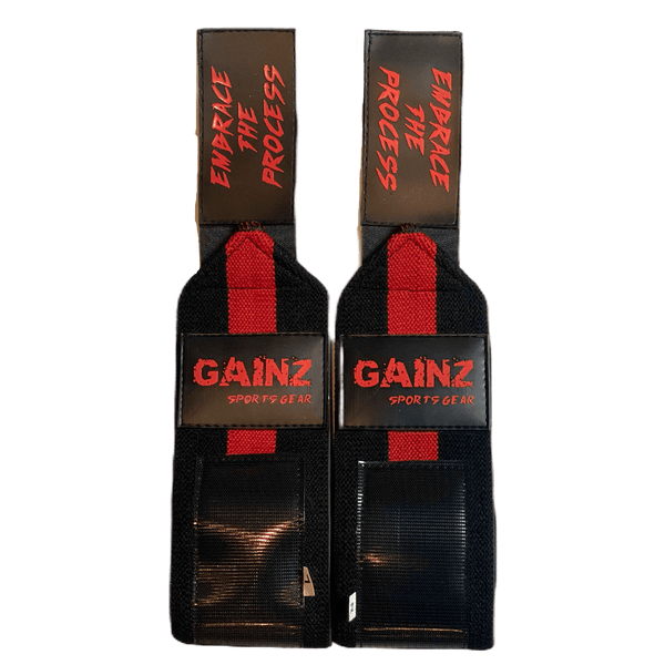 Red & Black "Embrace The Process" Wrist Wraps 18" (USPA Approved) - Gainz Sportsgear LLC.