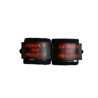 Red & Black "Embrace The Process" Wrist Wraps 18" (USPA Approved) - Gainz Sportsgear LLC.
