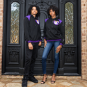 Two models wearing black Benedict College Tigers patch hoodies with purple accents by Gainz Sportsgear