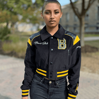 BOWIE STATE LEATHERROY CROP VARSITY JACKET (LADIES) - Gainz Sportsgear LLC.