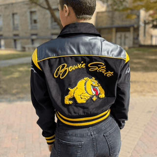 BOWIE STATE LEATHERROY CROP VARSITY JACKET (LADIES) - Gainz Sportsgear LLC.