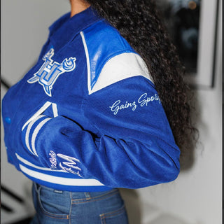HAMPTON UNIVERSITY LEATHERROY CROP VARSITY JACKET (LADIES) - Gainz Sportsgear LLC.