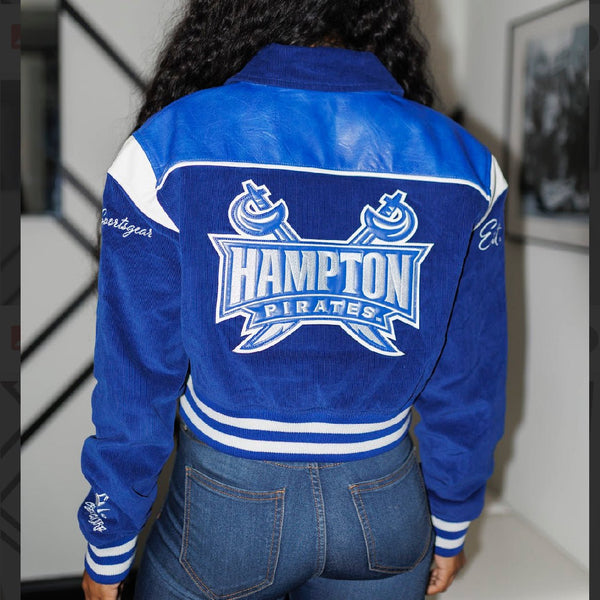 HAMPTON UNIVERSITY LEATHERROY CROP VARSITY JACKET (LADIES) - Gainz Sportsgear LLC.