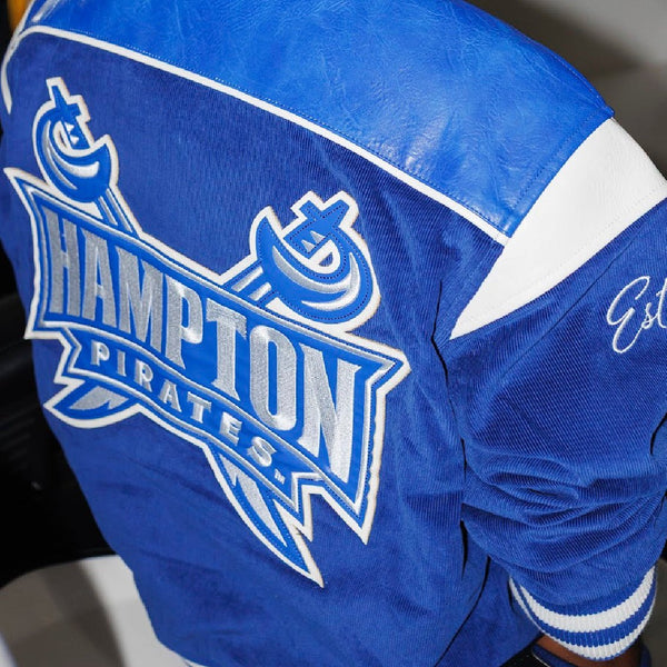 HAMPTON UNIVERSITY LEATHERROY CROP VARSITY JACKET (LADIES) - Gainz Sportsgear LLC.