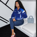 HAMPTON UNIVERSITY LEATHERROY CROP VARSITY JACKET (LADIES) - Gainz Sportsgear LLC.