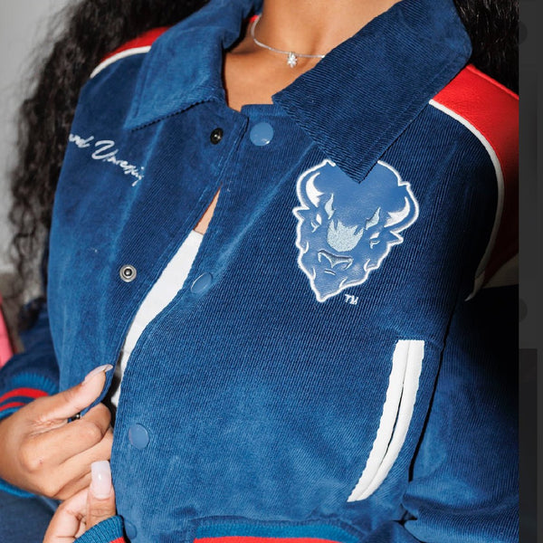 HOWARD UNIVERSITY LEATHERROY CROP VARSITY JACKET - Gainz Sportsgear LLC.