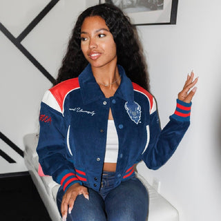 HOWARD UNIVERSITY LEATHERROY CROP VARSITY JACKET - Gainz Sportsgear LLC.