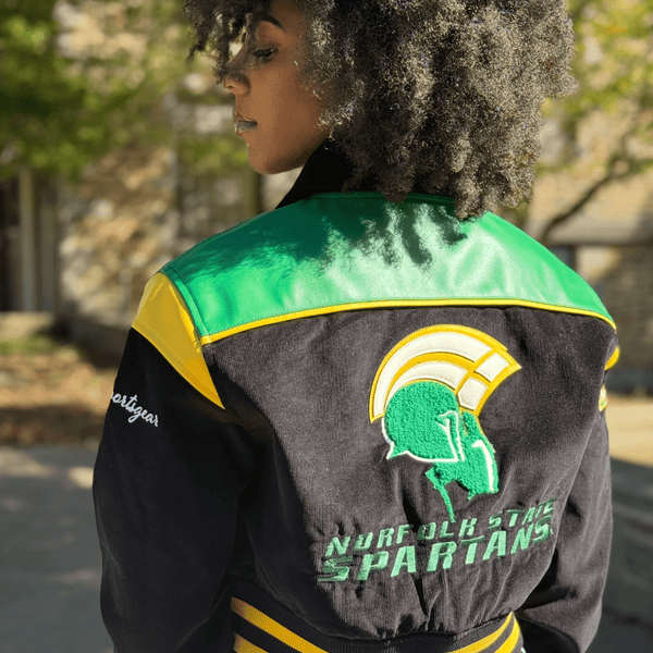 NORFOLK ST UNIVERSITY LEATHERROY CROP VARSITY JACKET (LADIES) - Gainz Sportsgear LLC.