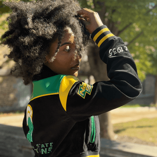 NORFOLK ST UNIVERSITY LEATHERROY CROP VARSITY JACKET (LADIES) - Gainz Sportsgear LLC.