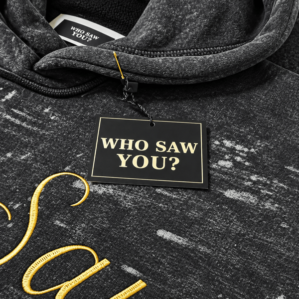 WHO SAW YOU? DISTRESSED PATCH HOODIE - Gainz Sportsgear LLC.